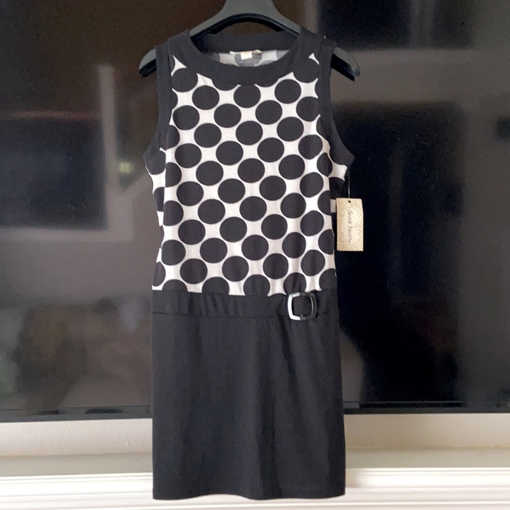 RETRO 70s POLKA DOT BLACK VINTAGE SLEEVELESS MINI DRESS FAUX BELT DISCO